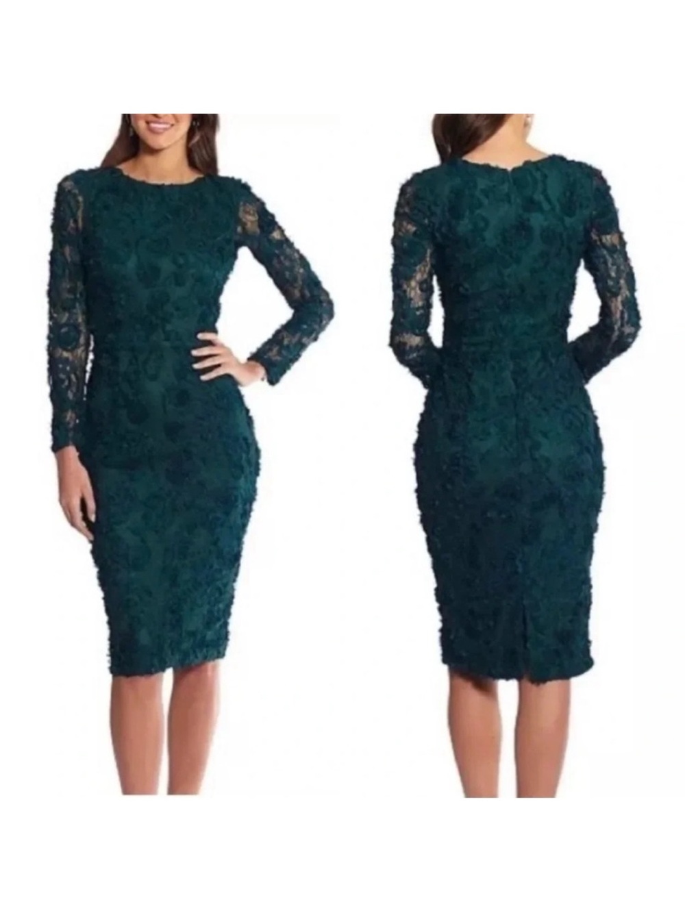 XSCAPE Lace Soutache Long Sleeve Dress in Hunter Green size 10